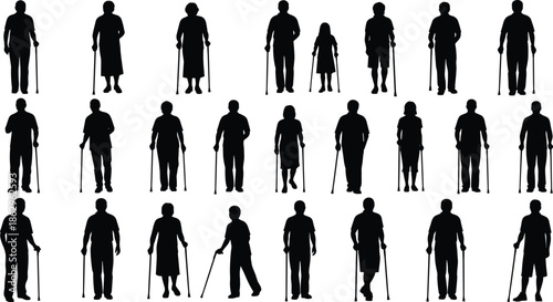 elderly seniors silhouettes walking cane aging retirement healthcare mobility support people collection