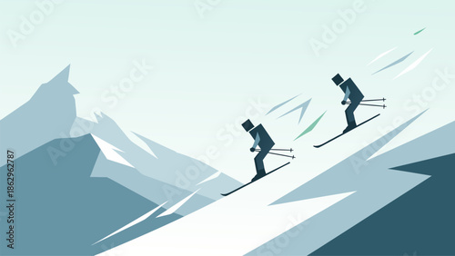 Skiing Down Snowy Mountain Slopes