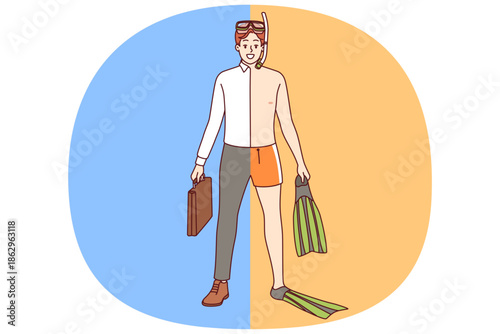 Man dressed in vacation clothes and business suit at same time, dreaming of quick summer sea voyage. Businessman with hobby of diving calls for swimming and sunbathing on beach during vacation