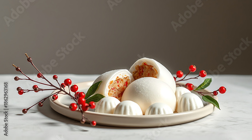 Delicious meringue cookies on white marble table, closeup