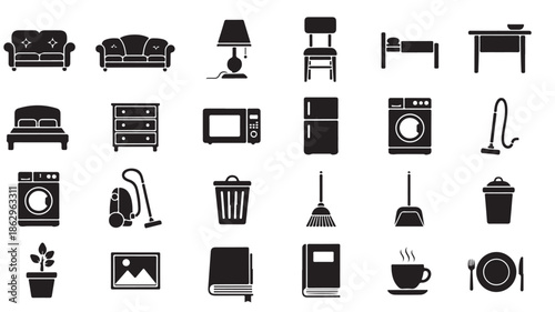 Black Household Furniture and Appliance Icons on White Background