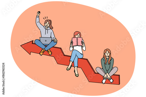 Personal development of woman getting good internet job by reading books, sitting on growing graph. Personal development of person spending free time on education and gaining new knowledge