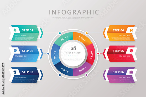 Infographic template with eight sections and colorful labels