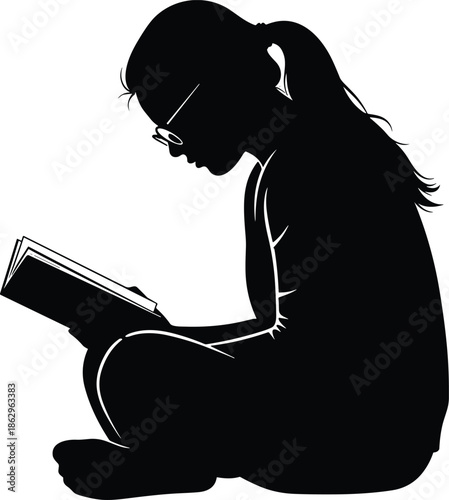 Silhouette of a young girl with ponytail wearing glasses sitting cross legged and reading a book, student studying figure isolated on white background, vector.