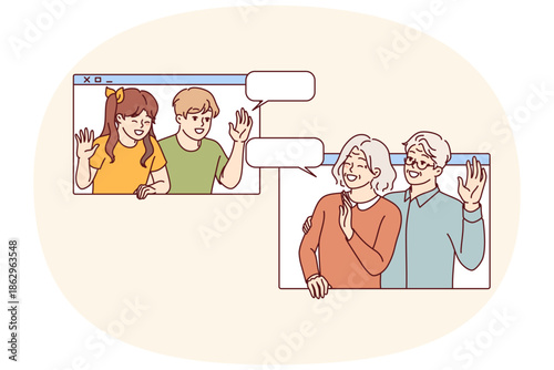 Online communication with grandchildren for grandparents waving and saying hi using digital video call. Smiling grandchildren and grandpa with grandma users of software for remote meetings