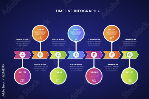 Infographic template with colorful ovals and arrows on dark blue background