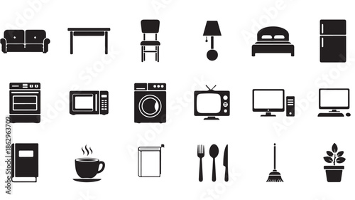 Black Household Furniture and Appliance Icons on White Background