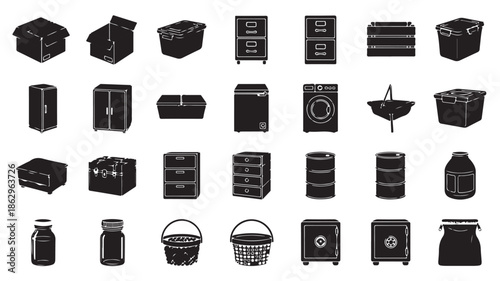 Black Household Appliances and Storage Containers Icons Set