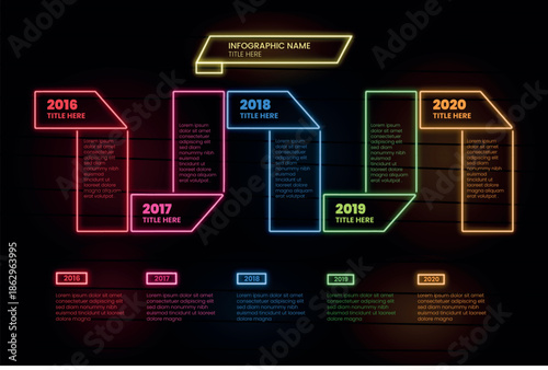 infographic TIMELINE Neon lit 3d numbers and data on a dark background