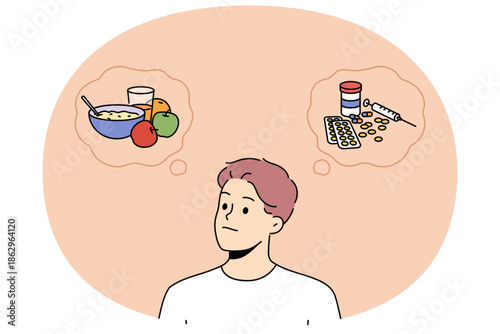 Man chooses between healthy food and pharmacological drugs, relieve appetite and hunger. Guy was thinking about buying expensive pills, promote weight loss due to effect on person appetite
