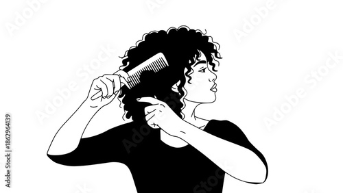 Flat vector illustration of a woman with curly hair combing her hair, diversity and natural beauty concept, inclusive design, modern flat style, soft color palette