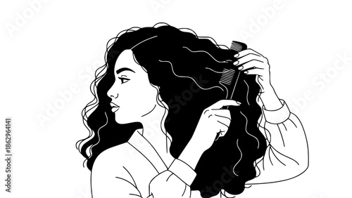 Flat vector illustration of a woman with curly hair combing her hair, diversity and natural beauty concept, inclusive design, modern flat style, soft color palette