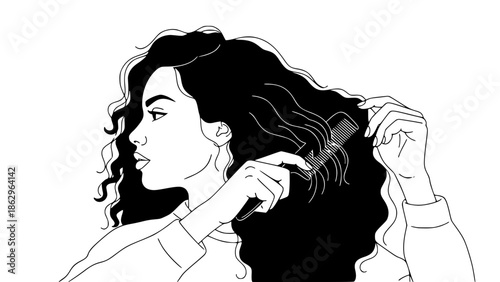 Flat vector illustration of a woman with curly hair combing her hair, diversity and natural beauty concept, inclusive design, modern flat style, soft color palette