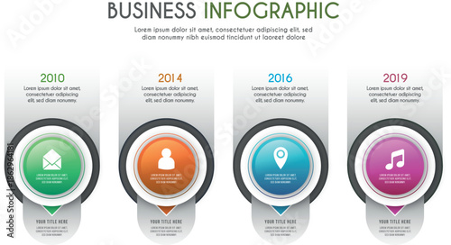 Business infographic template with four colorful icons and text placeholders