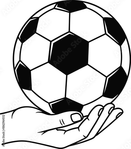 soccer football ball hand holding sport game support teamwork vector icon black white illustration isolated concept