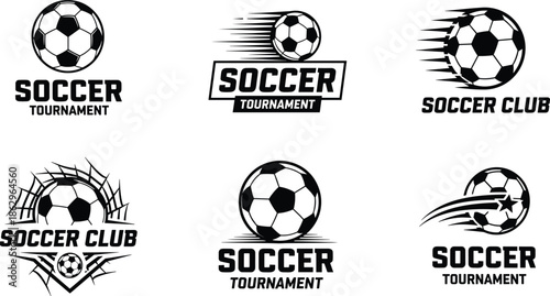 soccer logo football emblem tournament club badge sport ball vector icon black white illustration isolated design set
