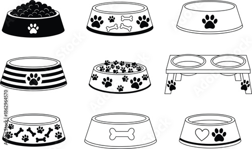 dog bowl pet food dish feeding accessory animal care vector illustration black white outline isolated collection