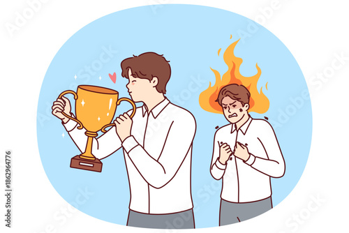 Envy overcomes business man looking at colleague kissing trophy cup for professional skills. Guy with flame above head gets angry out of envy at competitor, managed to achieve success in career