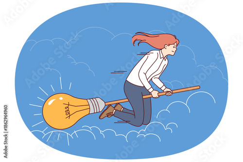 Ambitious businesswoman flies on broomstick with light bulb, symbolizing desire to fulfill idea. Brave businesswoman superhero rushing among clouds, completing given task or bold goal