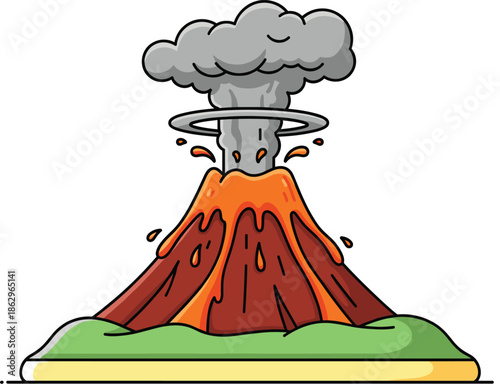 Cartoon volcano eruption with lava, smoke, and ash cloud, natural disaster and geology concept illustration