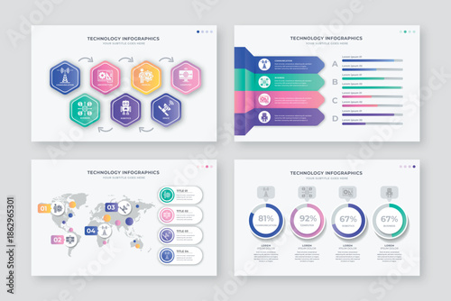 Blurry business infographic templates with colorful charts and graphs