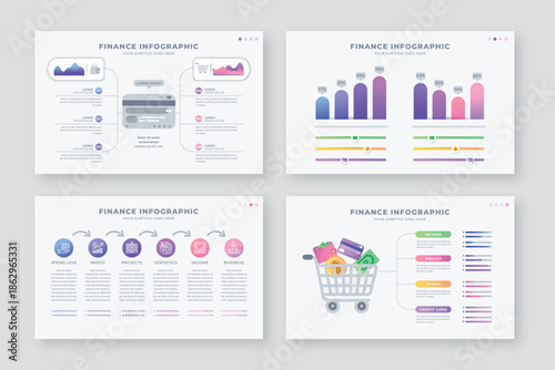 Four white pages with colorful graphs and charts on a light gray background