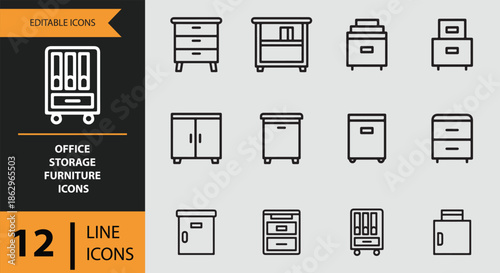 Collection of editable line icons depicting various office storage furniture and cabinets