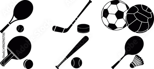 Black sports equipment icons collection featuring rackets, balls, bats, and game gear in flat silhouette style on white background for sports design and fitness projects