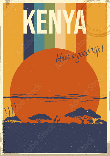 Kenya Attraction Postcard, African Savannah Landscape Illustration, Vector Template Retro Style Greeting Card with handwriting wish. 1970s Color Lines, Aged Paper Texture