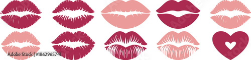 Lip kiss mark icon collection with romantic lipstick prints and heart shapes, beauty and love themed symbols isolated on white background for cosmetics branding, valentine design and fashion vector