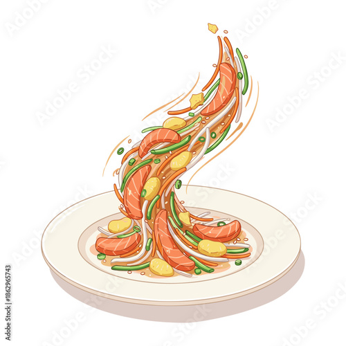 Vibrant Dynamic Toss of Fresh Salmon and Vegetable Salad Ingredients