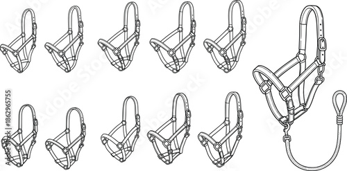 dog muzzle harness outline pet training accessory animal safety restraint vector illustration lineart isolated design collection