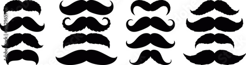 Classic mustache silhouette collection with vintage masculine styles, retro barber and gentleman facial hair elements isolated on white background for logo, fashion, grooming and branding vector