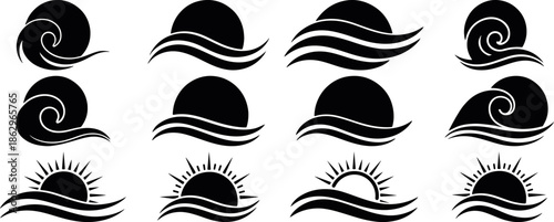 Minimalist beach and ocean logo set with sun, waves and coastal symbols, modern seaside brand marks arranged in clean grid layout for travel, summer, surf, marine and tourism logo design