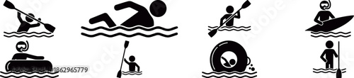 Swimming and water sport silhouette icon set with divers swimmers and pool activities, fitness and aquatic sports graphics for training materials, sport branding and vector illustration