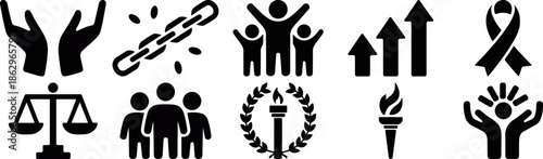 Justice equality and human rights icon set with scales people chains and awareness symbols, social responsibility graphics for nonprofit campaigns, education materials and vector illustration