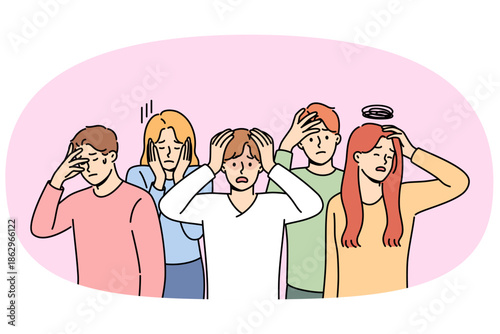 Excited people experiencing panic or discomfort caused by magnetic storms affecting psychological state. Crowd of men and women suffering from panic after receiving fake news with misinformation