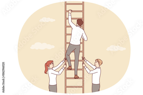 Partners support business man climbing career ladder and striving to achieve success and gain opportunities. Teamwork of ambitious people achieving progress in professional growth along career ladder