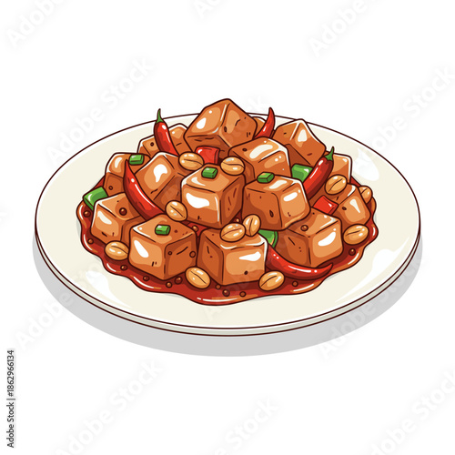 Hand-drawn cartoon illustration of spicy chili tofu with peanuts on a plate.
