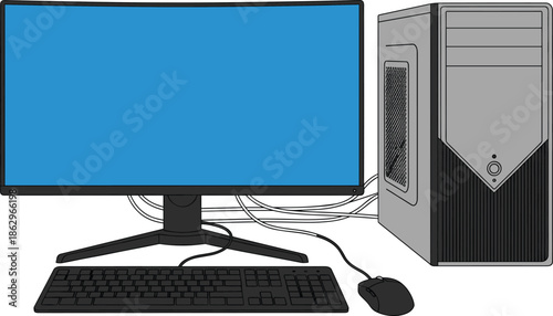 Desktop computer workstation with monitor, keyboard, mouse, and tower case isolated on white background illustration