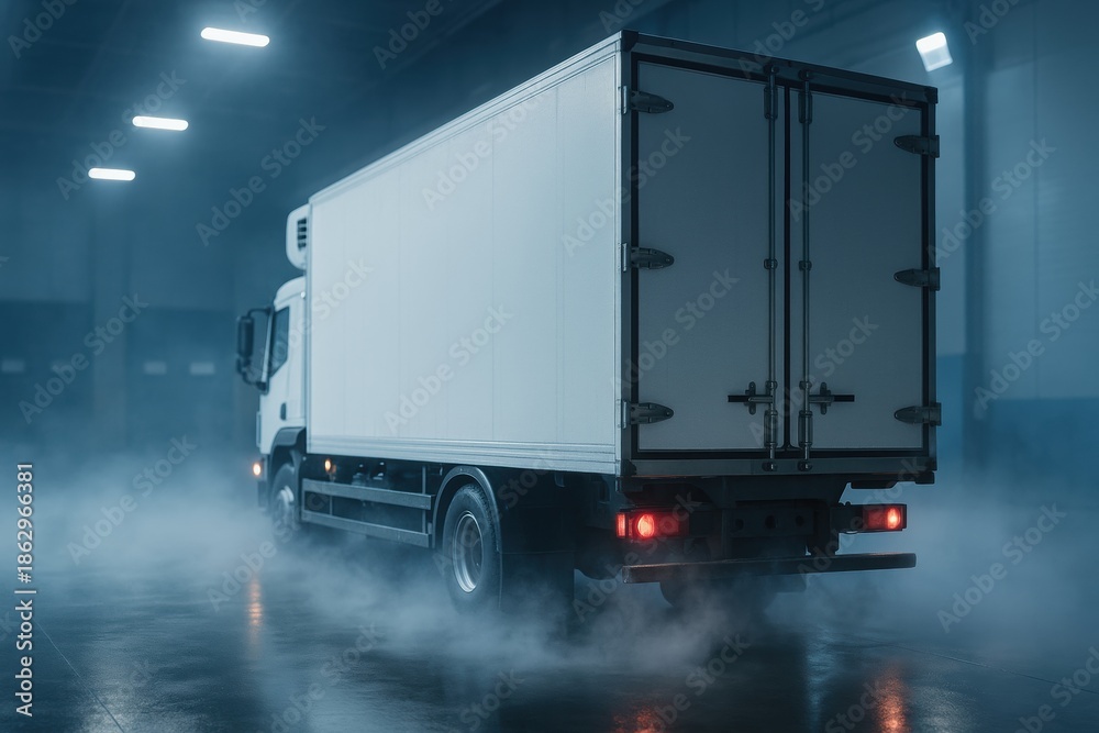 Fototapeta premium Cold chain logistics warehouse logistic. Refrigerated delivery truck in foggy warehouse with glowing lights creating mysterious atmosphere