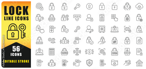 Clean And Modern Lock Line Icon Set Featuring Security, Privacy, Password, Access Control, And Data Protection Symbols. Editable Stroke Line Icon Ideal For Web, App, And UI Design. Isolated Vector Ico