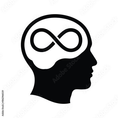 Human head with infinity symbol in brain silhouette