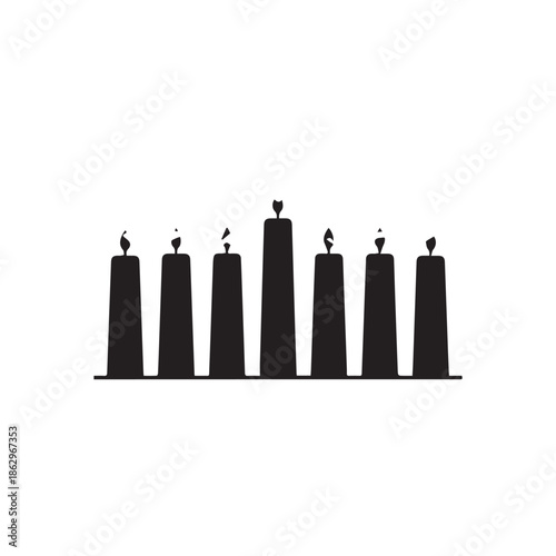 Seven black candles burning with flames on white background