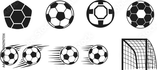 soccer football ball silhouette sport game goal motion kick competition vector icon black illustration isolated design set