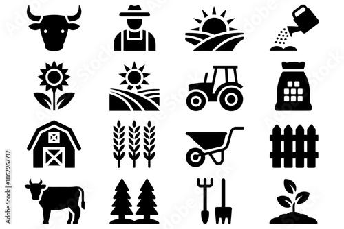 Set of vector farming and agriculture icons representing rural life, cultivation, crops, and livestock, ideal for illustrations, infographics, apps, websites, and agricultural projects