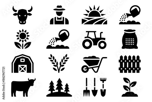 Set of vector farming and agriculture icons representing rural life, cultivation, crops, and livestock, ideal for illustrations, infographics, apps, websites, and agricultural projects