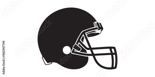 Black silhouette of an American football helmet on a white background sports helmet protective gear, A stark black silhouette of a classic American football helmet, viewed from the side, against.
