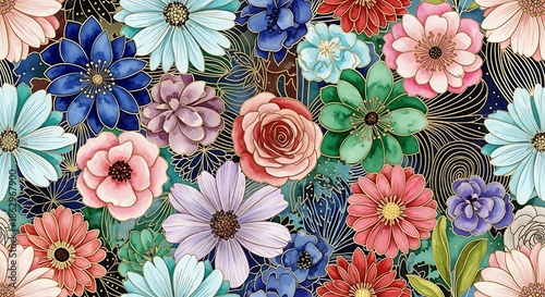Vibrant watercolor blossoms create an intricate, repeating floral background pattern