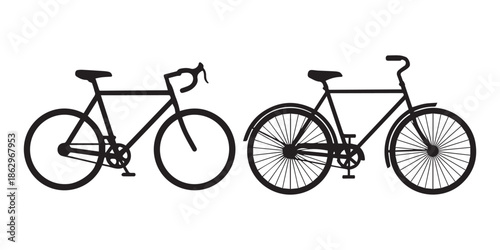Bicycle silhouette icon set, black classic city bike collection with baskets and racks, urban cycling transport symbols, clean flat vector illustration isolated on white background,Sleek minimalist 